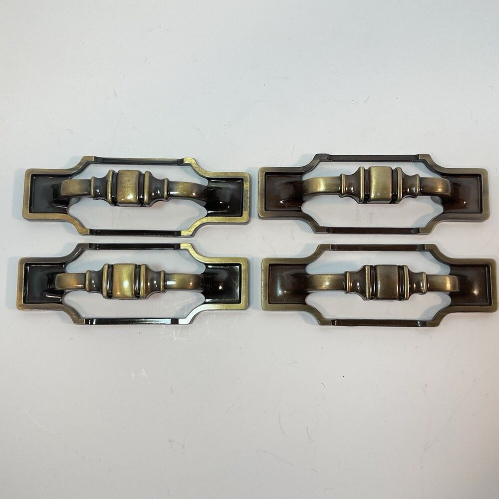 4 Amerock Handle Set Bar In Frame Cabinet Drawer #235-1 Antique Brass MCM 1970s